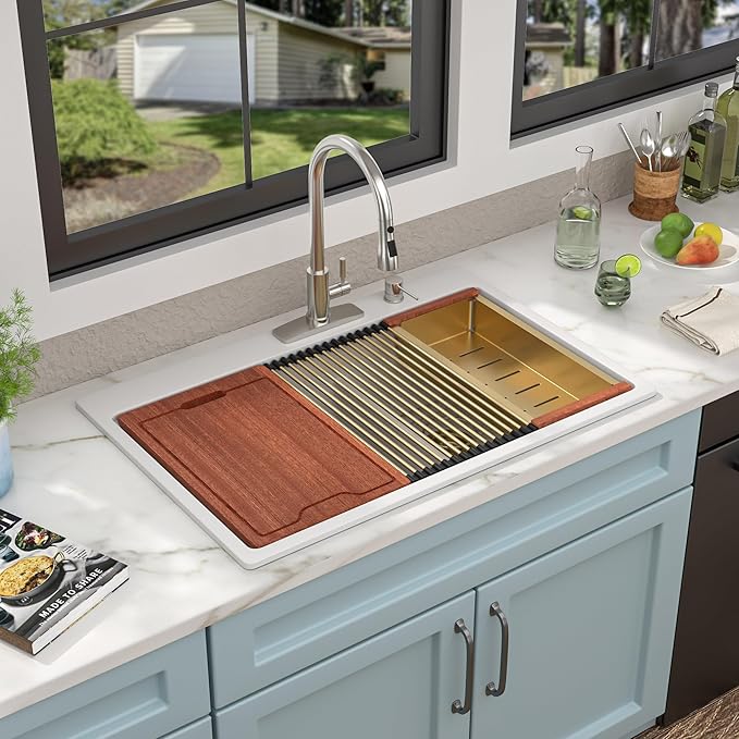 33 Granite Composite Kitchen Sink Double Bowl - Fulorni 33"x22" Granite Kitchen Sink White Ledge Workstation Drop in Topmount Double Bowl 60/40 Luxury Quartz Classic Above Counter Basin
