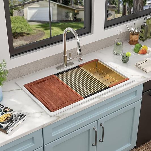 33 Granite Composite Kitchen Sink Double Bowl - Fulorni 33"x22" Granite Kitchen Sink White Ledge Workstation Drop in Topmount Double Bowl 60/40 Luxury Quartz Classic Above Counter Basin