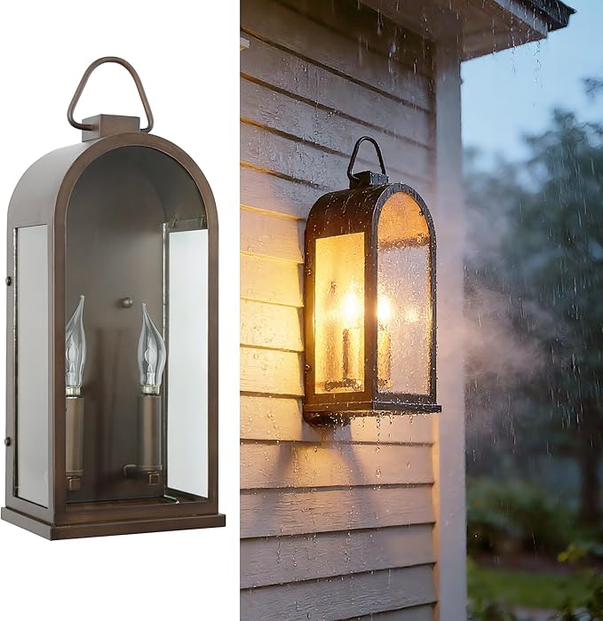 Outdoor Wall Light Fixtures, 2-Light Porch Lights Outdoor, Matte Bronze Exterior Waterproof Wall Sconce with Glass Shade, Outside Lantern for House Garage Doorway Patio Entryway, E12 Socket