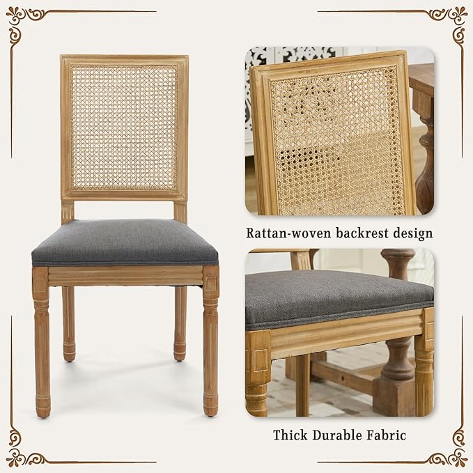 SoarFlash French Dining Chairs Set of 2, Vintage Dining Chairs with Rattan Backrest, Wooden Framehouse Chairs for Living Room, Kitchen, Restaurant, Grey