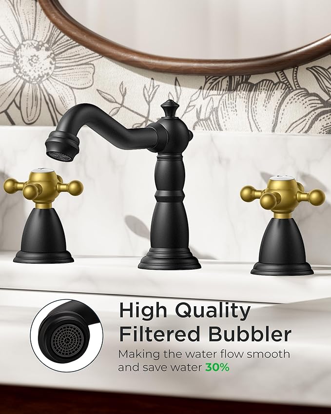 FORIOUS Matte Black and Gold Brass Antique Vintage Bathroom Faucet with Metal Pop Up Drain and 24" Water Hose for 3 Hole 8 Inch Widespread Bathroom Sink Farmhouse Vanity