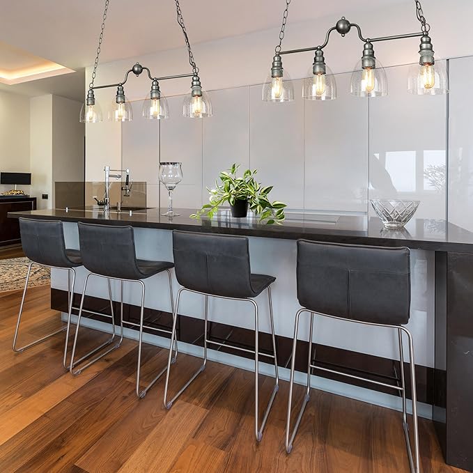 LOG BARN Large 32” Brushed Antique Silver Chandelier, Industrial Kitchen Island Pendant Lighting Fixture with Seeded Glass Shades for Dining Room, Bedroom, Foyer and Living Room