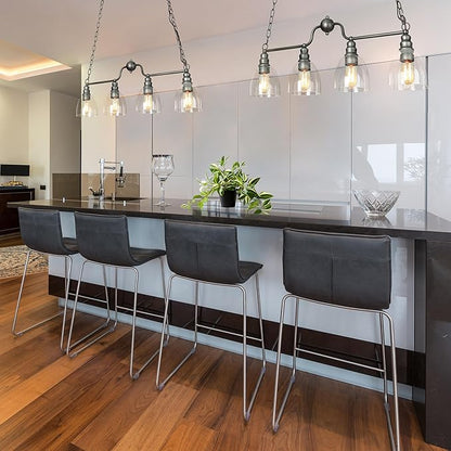 LOG BARN Large 32” Brushed Antique Silver Chandelier, Industrial Kitchen Island Pendant Lighting Fixture with Seeded Glass Shades for Dining Room, Bedroom, Foyer and Living Room