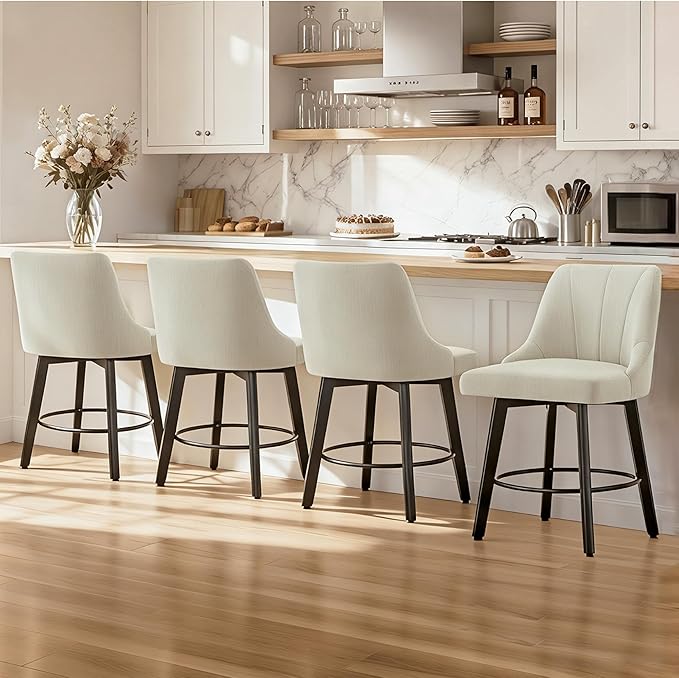 24" Counter Height Bar Stools Set of 4, Swivel Bar Stools with Backs, Fabric Upholstered Counter Barstools with Solid Wood Legs for Kitchen Island,Sand