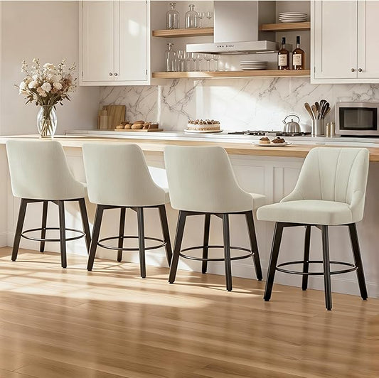 24" Counter Height Bar Stools Set of 4, Swivel Bar Stools with Backs, Fabric Upholstered Counter Barstools with Solid Wood Legs for Kitchen Island,Sand