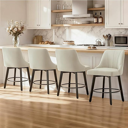 24" Counter Height Bar Stools Set of 2, Swivel Bar Stools with Backs, Fabric Upholstered Counter Barstools with Solid Wood Legs for Kitchen Island,Sand