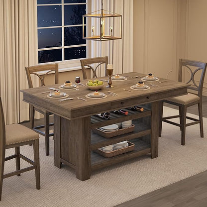 IDEALHOUSE 60" Wood Dining Table for 4-6, Counter Height Kitchen Table with Wine Rack and 2 Drawers, Open Shelves and Sturdy Legs, 4-Tier Stationary Kitchen Island for Dining Room and Kitchen