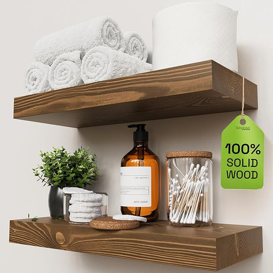 BAOBAB WORKSHOP Wood Floating Shelves for Wall Mounted, 16 inch Walnut Floating Shelf for Bathroom, Solid Wooden Wall Shelves for Kitchen Bedroom Farmhouse, Walnut Finish, 16 x 6.7, Set of 2