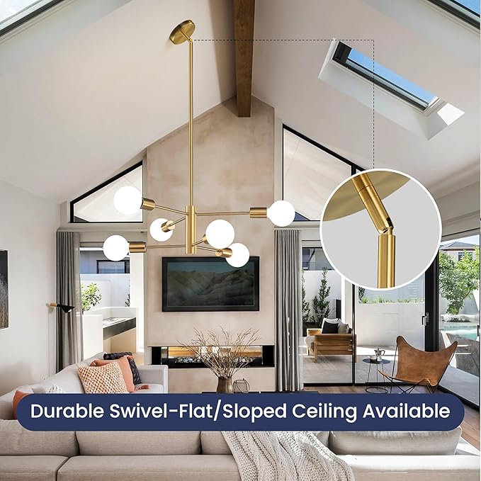 RUIYEY Modern Sputnik Chandeliers Light, 6-Light Gold Dining Room Chandelier Over Table, E26 Mid Century Ceiling Light Fixtures Height Adjustable Hanging Pendant Lighting for Entryway Foyer