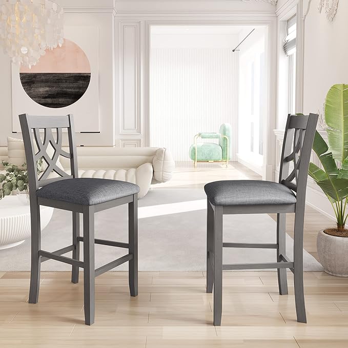 Modern Rustic 3 Piece Round Counter Height Dining Table Set with with Drop Leaf Table,Bottom Shelf and 2 Padded Chairs,Wooden Kitchen Furniture for Small Places