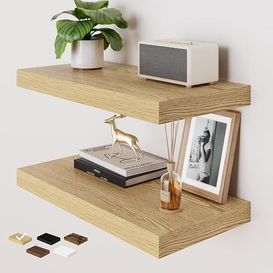 RICHFOCUS Deep Floating Shelves for Wall 2 Pack 12" D 24 Inch Wall Shelves for Room Wall|Wood Hanging Shelf with Invisible Brackets for Bathroom Bedroom Kitchen Laundry Room, Oak