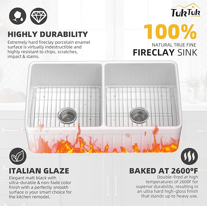 TUKTUK Farmhouse Sink 33 x 18 Inch 50/50 Fireclay Apron Front Farm House White Kitchen Sink Double Bowl Undermount Reversible Heavy Duty Porcelain Kitchen Basin with Modern Accessory Kit