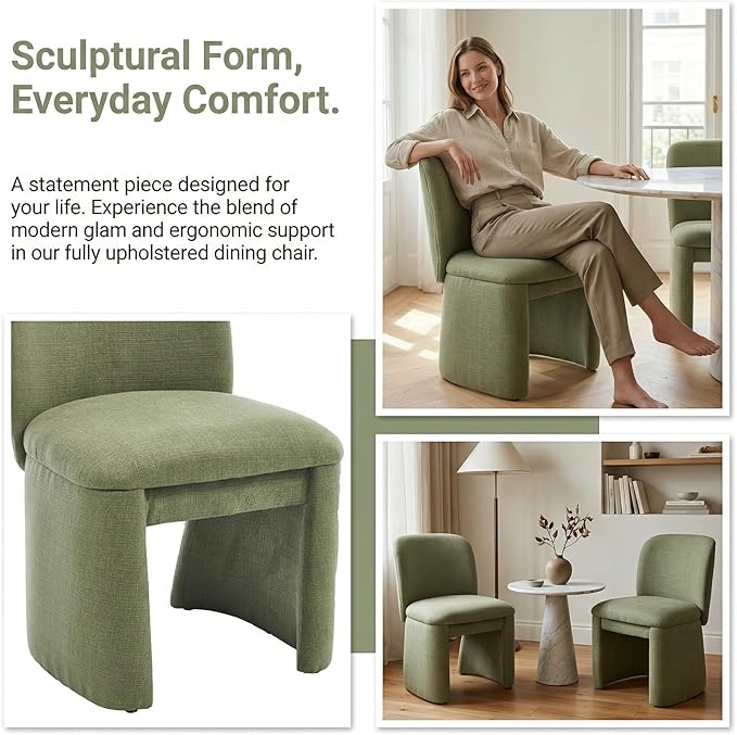 Hyfirm Modern Upholstered Dining Chairs Set of 2, Linen Accent Side Dining Chairs Armless Kitchen Chairs with Curved Back Parsons Chairs for Kitchen Dining Room Living Room, Green