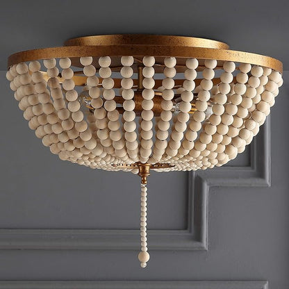 JONATHAN Y 15" Antique Gold/Cream Allison 3-Light LED Flush Mount Ceiling Light for Bedroom, Wood Beaded Shade Shabby Chic Farmhouse Rustic Decor, LED Bulbs Included (JYL9019A)