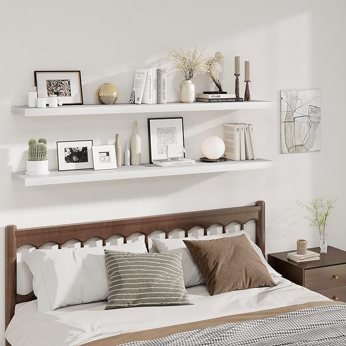 Fun Memories White Deep Floating Shelves, 72 x 12 Inch Long Wall Shelves, Large Display Shelf & Storage Shelf, Wood Floating Wall Shelves for Fireplace Mantel, Living Room, Home Office - Set of 2
