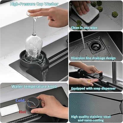 Waterfall Kitchen Sink 15" x 15" Drop-in Single Bowl Sinks, SUS304 Workstation Handmade Undermount Sink With Pull-out Faucet, Cup Washer & Accessories (Black, 15" x 15")