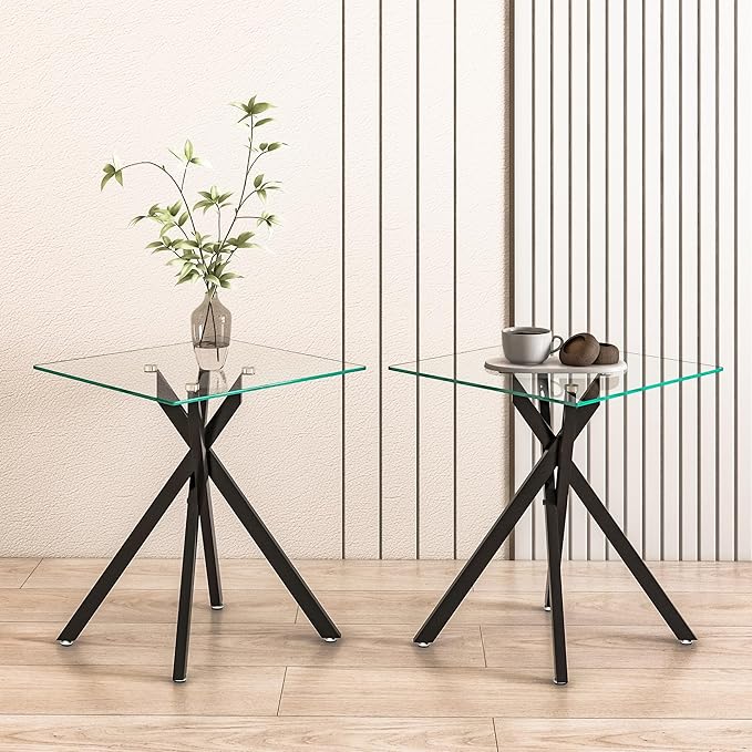 Square Side Table with X-Shaped Chrome Metal Base, Tempered Glass End Tables Small End Table, Living Room Sofa Couch Side Table, Modern Bedsde Tables Bedroom Night Stand, Black Nightstand