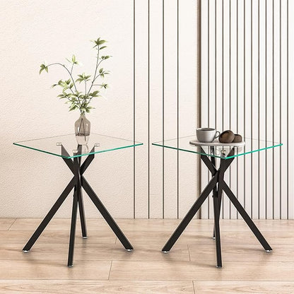Square Side Table with X-Shaped Chrome Metal Base, Tempered Glass End Tables Small End Table, Living Room Sofa Couch Side Table, Modern Bedsde Tables Bedroom Night Stand, Black Nightstand