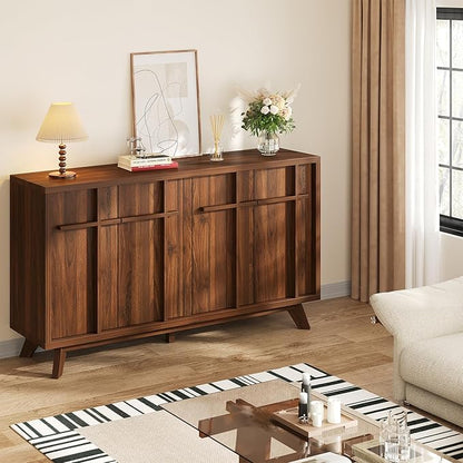 knoworld Sideboard Buffet Cabinet with Storage, 59" Modern Credenza with 4 Doors & Adjustable Shelves, Wood Console Cabinet for Living Room Kitchen Dining Room Hallway (Walnut)