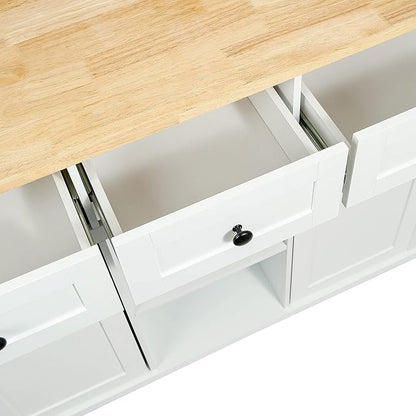 GDFStudio Hakf Kitchen Cart with Rubberwood Tabletop, Kitchen Island on 5 Wheels with Storage Cabinet, 3 Drawers for Dinning Room, Cabinet Door Internal Storage Racks, Spice Rack Bar Table, White