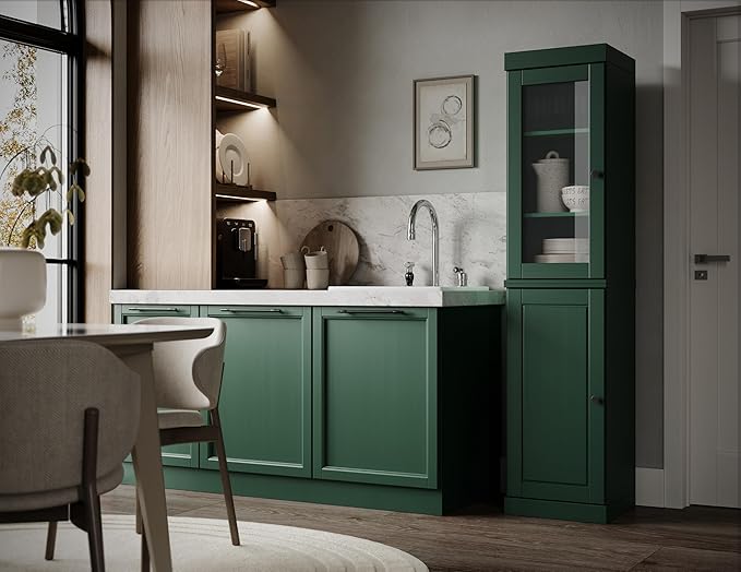 Palace Imports Solid Wood Kitchen Pantry - Narrow Storage Cabinet - 16.5" Wide x 71.5" Tall - 1 Raised Panel & 1 Glass Door, Green, Adjustable Shelves, 100% Eco-Friendly Wood, Modular Cabinets