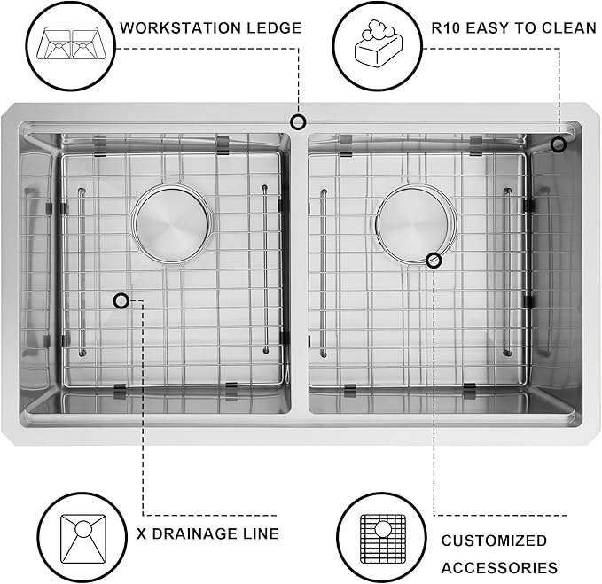 32 Inch Sink Undermount Double Bowl, 16 Gauge 50/50 Double Bowl Stainless Steel Workstation Sink, 32"x19"x10" Large and Deep Kitchen Sink With Accessories
