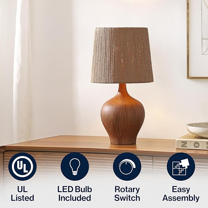 JONATHAN Y 23" Brown Wood Finish Rustic Farmhouse Resin Gourd LED Table Lamp for Bedroom, Living Room, Nightstand, with Brown Paper Rope Shade, LED Bulb Included JYL9200A