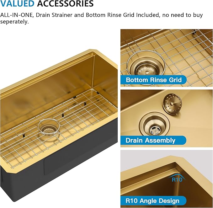36 Undermount Kitchen Sink Gold - Fulorni 36"x19" Kitchen Sink Brushed Gold NANO-PVD Ledge Workstation 16 Gauge 304 Stainless Steel Under Counter Large Single Bowl Basin