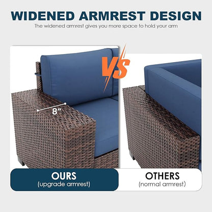 7 Piece Patio Furniture Set with Fire Pit Table, Outdoor Conversation Sets Wicker Rattan Sectional Sofa with Coffee Table for Patio Garden Backyard, 4'' Thickened Cushion Navy Blue