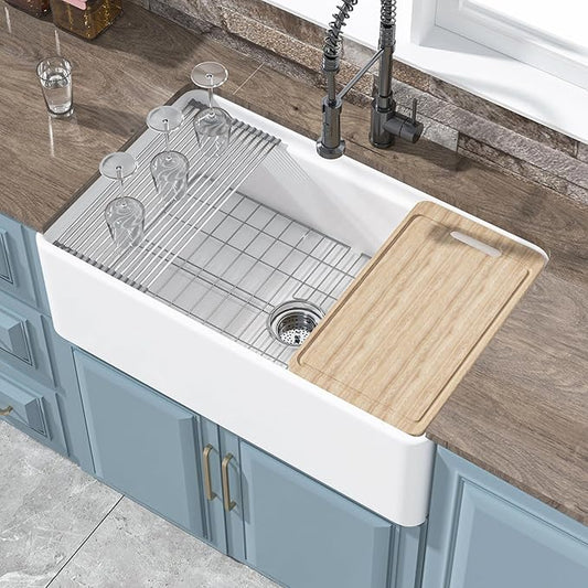 White Farmhouse Workstation Sink 33 x 20 Inch, Firecaly Apron Front Undermount Farm Sink, Single Bowl, w Accessories 4 Types, Reversible (Sleek & Fluted Optional), Pure White, for Kitchen