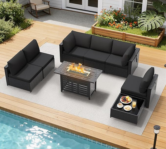 LOUVIXA 8 Piece Outdoor Patio Furniture Set, Outdoor Sectional Sofa with Firepit Table, Wicker Rattan Patio Furniture, Patio Conversation Set with Coffee Table & Cushions