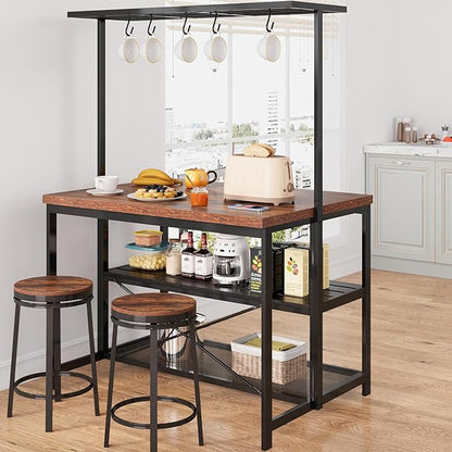 CABIHOME 42" Kitchen Island with Storage & Seating - 3-Tier Bakers Rack, Microwave Stand, Dining Table for 4, 5 Hooks & 50lb Capacity, Multi-Functional Island for Small Kitchens (Brown)