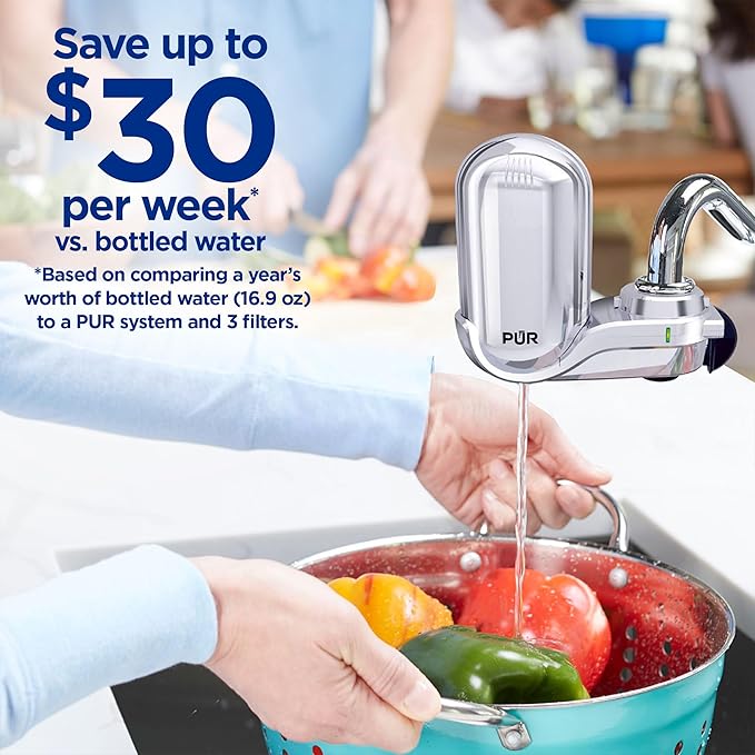 PUR Plus Vertical Faucet Mount Water Filtration System, Lead-Reducing Filter, Great-Tasting, Easy Install, Lasts 100 Gallons, Faucet Water Filter, Compatible with Sinks with External Aerators, Chrome