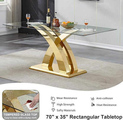 70" Glass Dining Table for 6-8, Modern Dining Room Table with 0.39" Tempered Glass Top and X-Shaped Gold Stainless Steel Base, Rectangle Kitchen Dinner Table for Dining Room