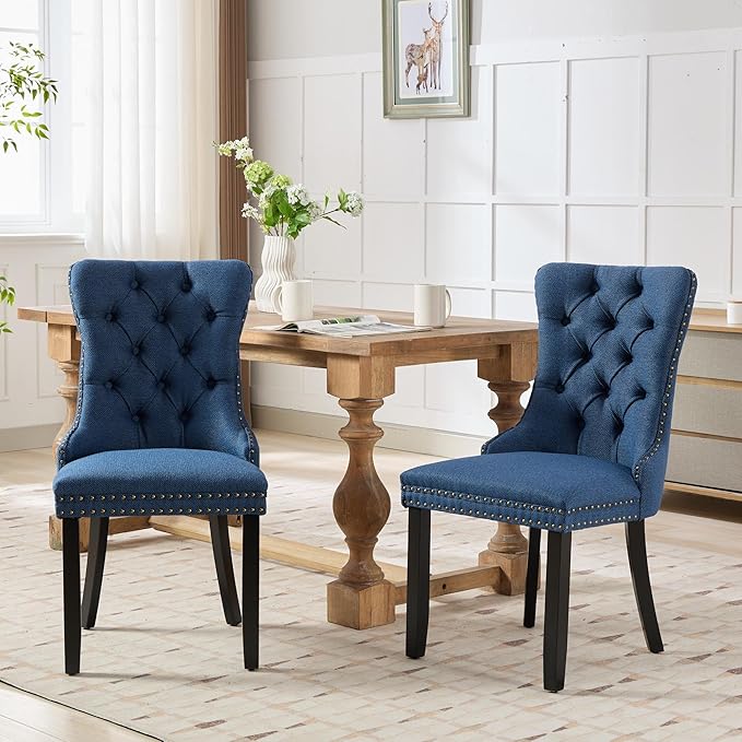 Ball & Cast Contemporary Upholstered Dining Chairs Set of 2, Flax Button Tufted Kitchen Side-Chairs with Hang Ring & Nailhead Trims & Wood Legs, 2-Piece Backrest Traditional Chair, Black+Blue