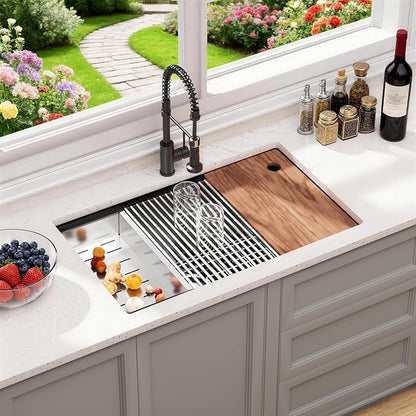 32" Black Stainless Steel Workstation Kitchen Sink, Large Single Bowl Drop-In Undermount Farmhouse Sink (Black, 3219)