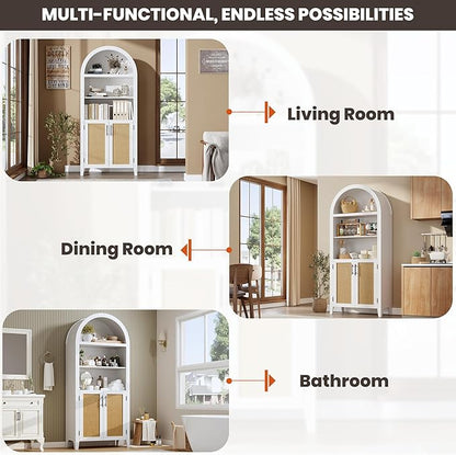 Garvee Arched Kitchen Pantry Storage Cabinet - 5-Tier Open Display Shelf with Rattan Decor, Farmhouse Storage Cabinet for Kitchen, Dining Room, Living Room, White