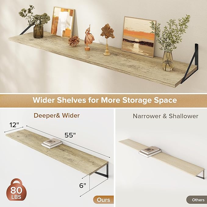 Acovy Deep Floating Shelves Wall Mounted, 55"x12" Gray Wall Shelves with Brackets Set of 2 for Bedroom, Living Room, Bathroom, Kitchen, Office - Storage & Display Shelf for Decor, Books, Plants