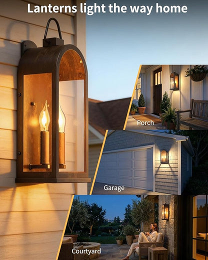 Outdoor Wall Light Fixtures, 2-Light Porch Lights Outdoor, Matte Bronze Exterior Waterproof Wall Sconce with Glass Shade, Outside Lantern for House Garage Doorway Patio Entryway, E12 Socket