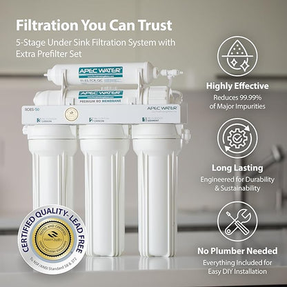 APEC Water ROES-50X 5-Stage Under Sink Reverse Osmosis Water Filter System, NSF Certified 372 & 58, 50 GPD, with Extra High Capacity Pre-Filter Set Stage 1-3