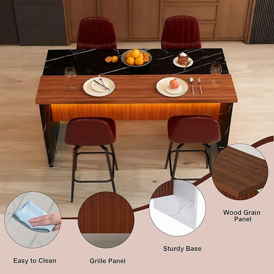 Runboll 63" Large Island Table Set with 4 Bar Stools, Modern Faux Marble Dining Table Set with Multi-Color LED Lights, Kitchen Island with Grille Design for Dining Room, Home, Office, Living Room