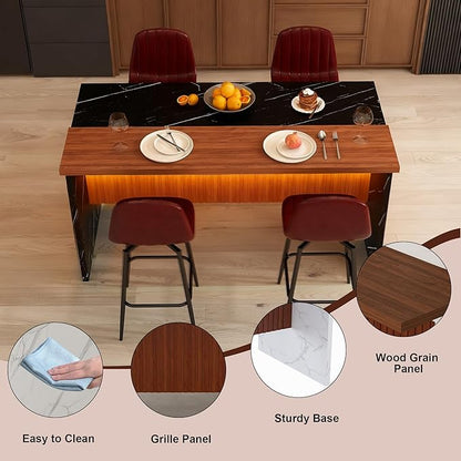 63-inch Modern American Kitchen Island Set with 4 Dark Brown Bar Stools - Black Marble Look MDF Surface,3-Color Dimmable LED Lighting，Grill Design,Seats 4-6 for Dining Room, Lounge，Walnut+Black