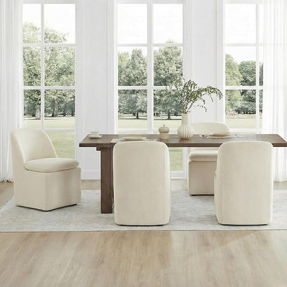 KISLOT Upholstered Dining Chairs Set of 1 with Casters, Modern Side Armless Deskchair with Washable Slipcover & Sturdy Metal Frame for Diningroom Bedroom Livingroom Reading Room, Beige Fabric