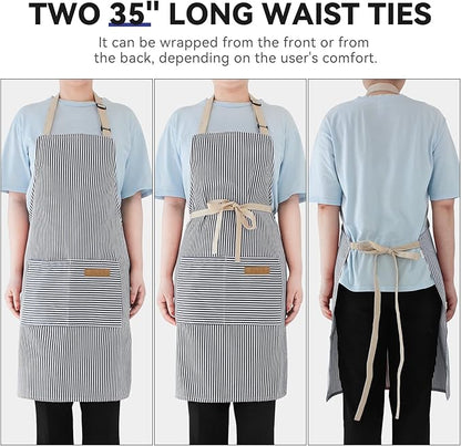NLUS 2 Pack Cooking Aprons for Women with Pockets, Adjustable Kitchen Bib Aprons Chef Aprons for Women Men(Blue Pinstripes)