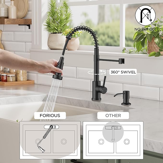 FORIOUS Black Kitchen Faucets with Sprayer, Stainless Steel Sink Faucet Single Handle with Deck Plate, Commercial Classic Spring Faucet for Kitchen Sink, Bar & Prep Sinks, Laundry RV Camper
