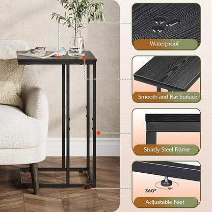 WLIVE C Shaped End Tables Set of 2, C Black Side Table for Couch, TV Trays Set of 2, Couch Side Tables that Slide Under, Small Side Table, C Table for Sofa, Living Room, Bedroom, Small Space, Brown