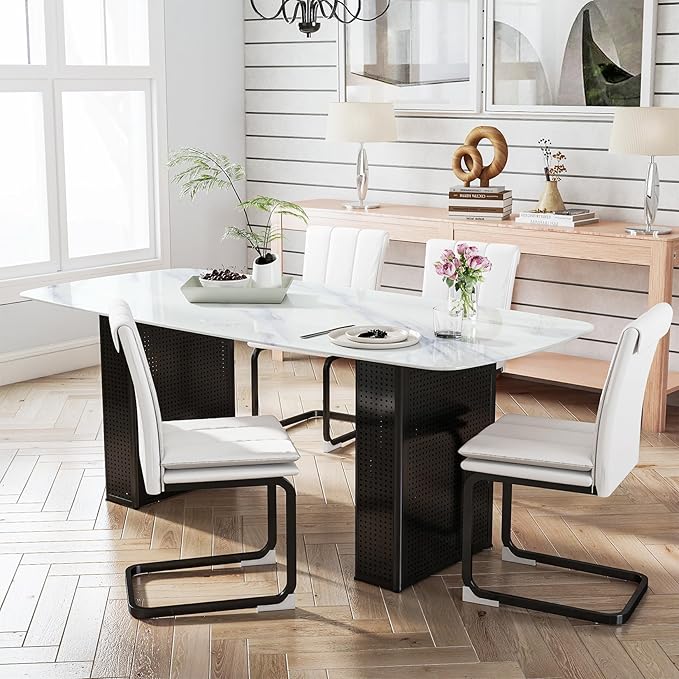Heavy Duty Glass Dining Table, Rectangular Marble Pattern Surface, Elegant Black Dual-Pedestal Base, Adjustable Brackets for Stability, 6-8 Seater, Modern Luxury Centerpiece for Home Dining or Work