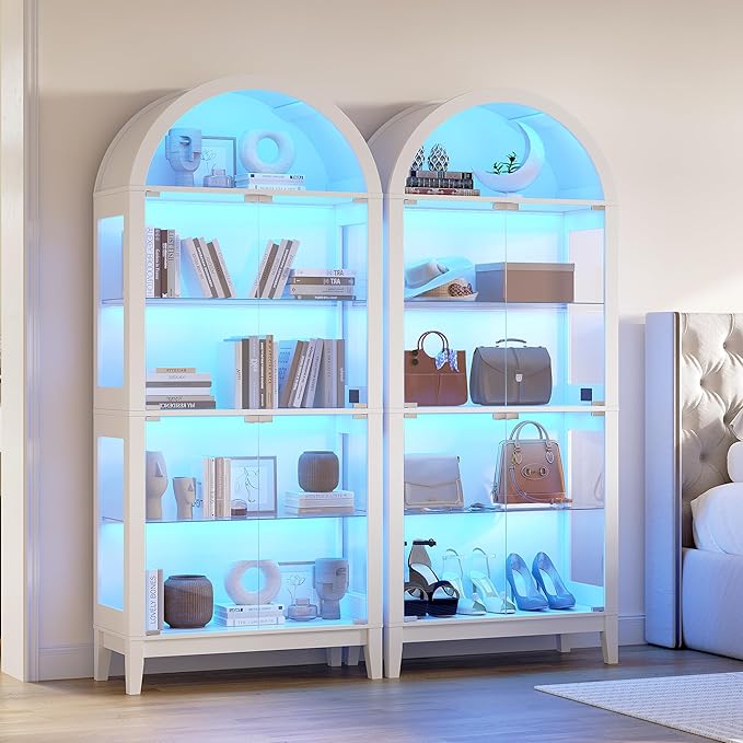 HNEBC Arched Book Shelf with Glass Doors, LED Bookcase with RGB Lights, 5 Tier Cabinet Has 9-Cube Storage, 69" Display Cabinet for Living Room,Bedroom(White)