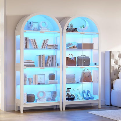 HNEBC Arched Book Shelf with Glass Doors, LED Bookcase with RGB Lights, 5 Tier Cabinet Has 9-Cube Storage, 69" Display Cabinet for Living Room,Bedroom(White)