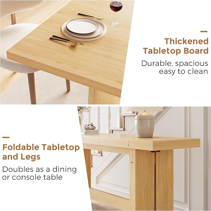 Jocoevol 63" Folding Dining Table for 4-6, Modern Dining Room Table with Large Foldable Tabletop, Wood Folding Table with Foldable Legs, Dinner Tables for Kitchen Dining Room (Natural)